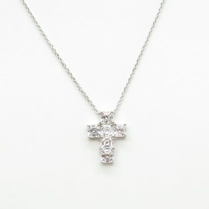 925 Sterling Silver Italy Asscher-Cut C Z Cross Cable Chain Necklace 16-18"