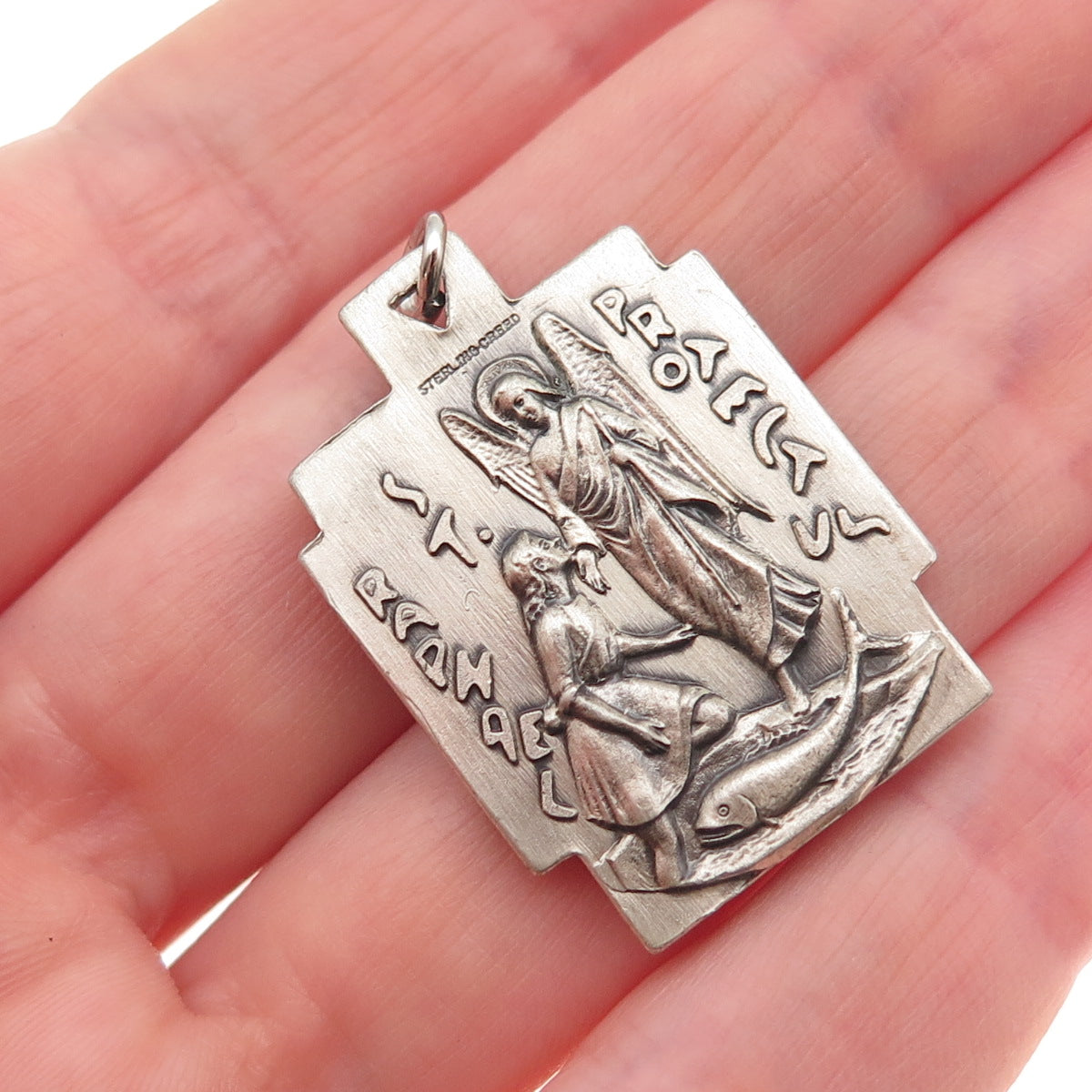 Creed 925 Sterling Silver Antique Art Deco St. Mary & St. Raphael Charm Pendant