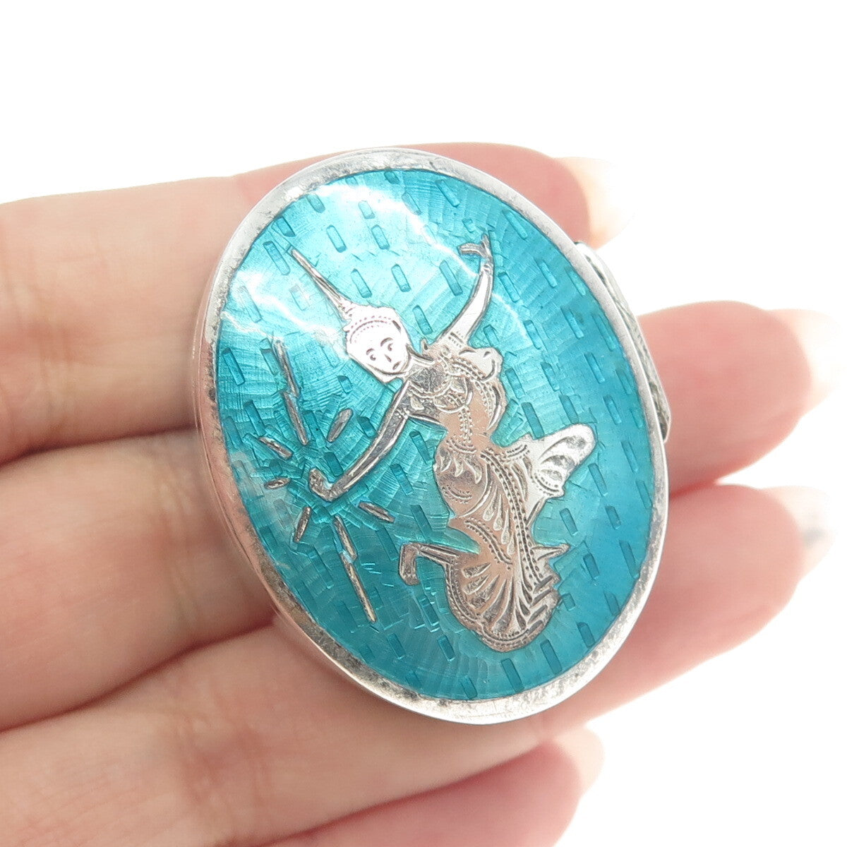 925 Sterling Silver Antique Siam Enamel Niello Hindu Goddess Pill / Snuff Box