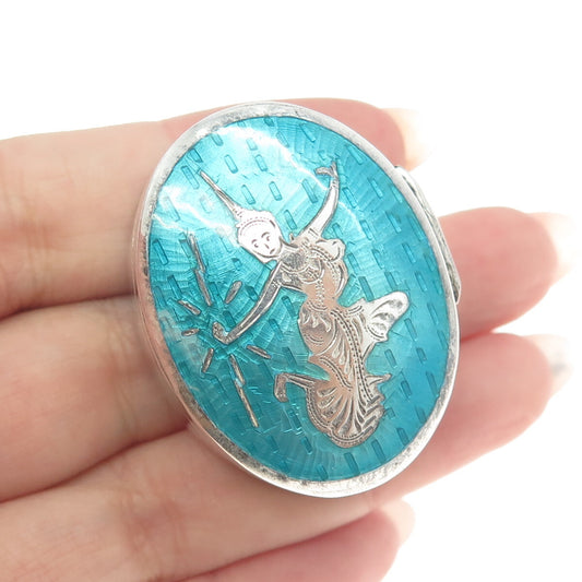 925 Sterling Silver Antique Siam Enamel Niello Hindu Goddess Pill / Snuff Box