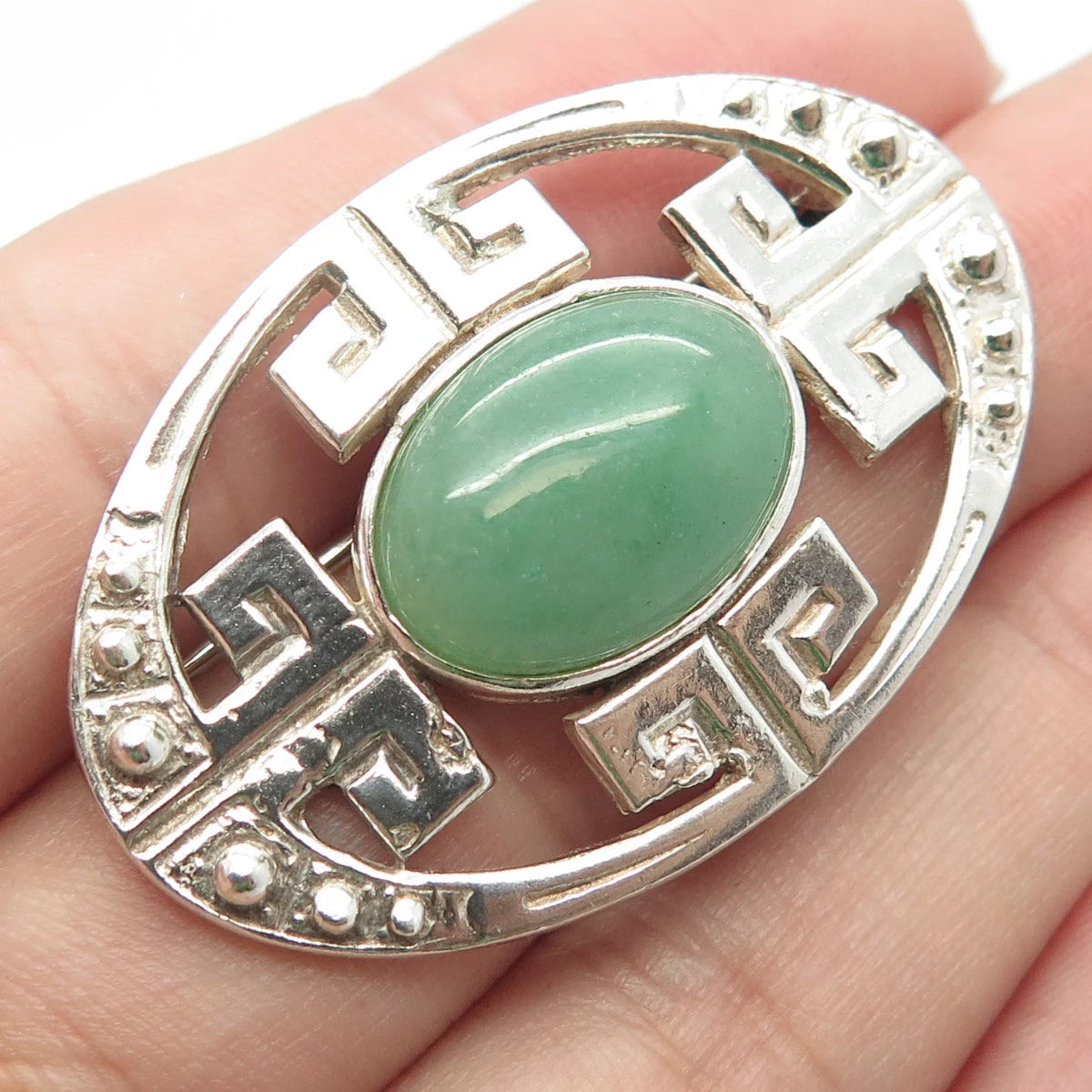 925 Sterling Silver Vintage Real Aventurine Gem Oval Maze Pin Brooch
