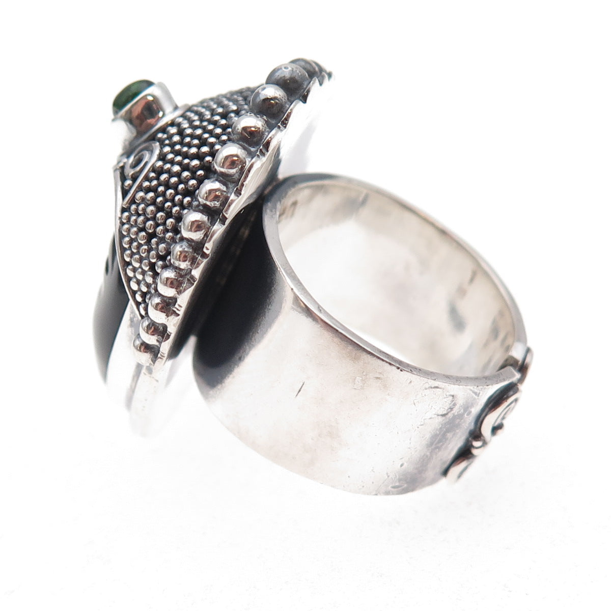 Sajen Sterling Silver Vintage Onyx & Tourmaline Goddess Adjustable Ring Size 8.5