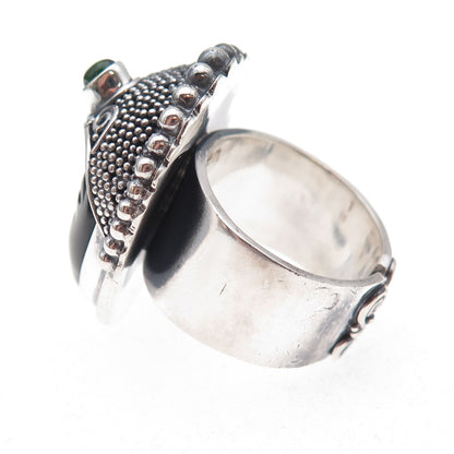 Sajen Sterling Silver Vintage Onyx & Tourmaline Goddess Adjustable Ring Size 8.5