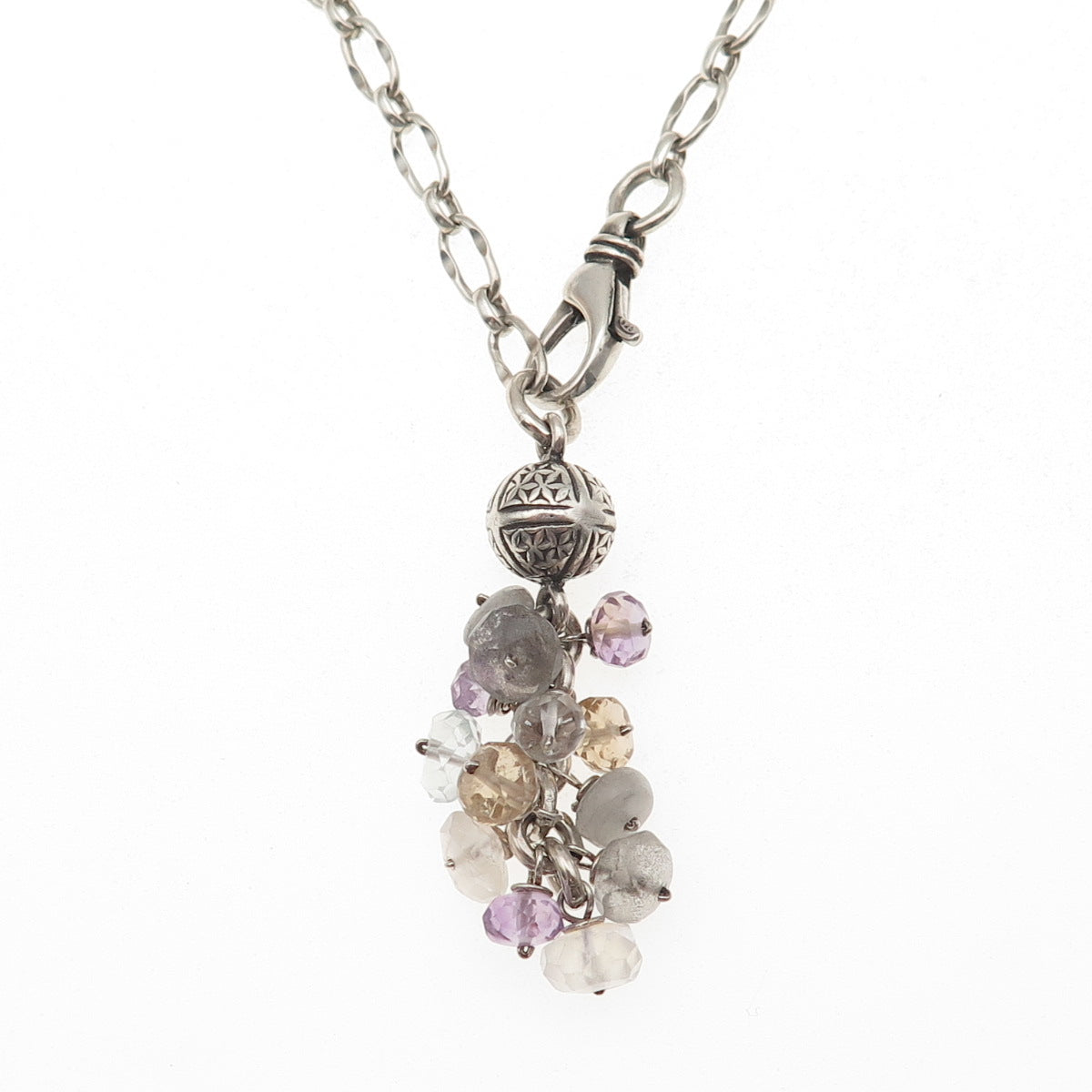 925 Sterling Vintage Real Labradorite Citrine Quartz Amethyst Chain Necklace 16"