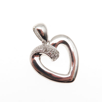 925 Sterling Silver Real Round-Cut Diamond Heart Charm Pendant