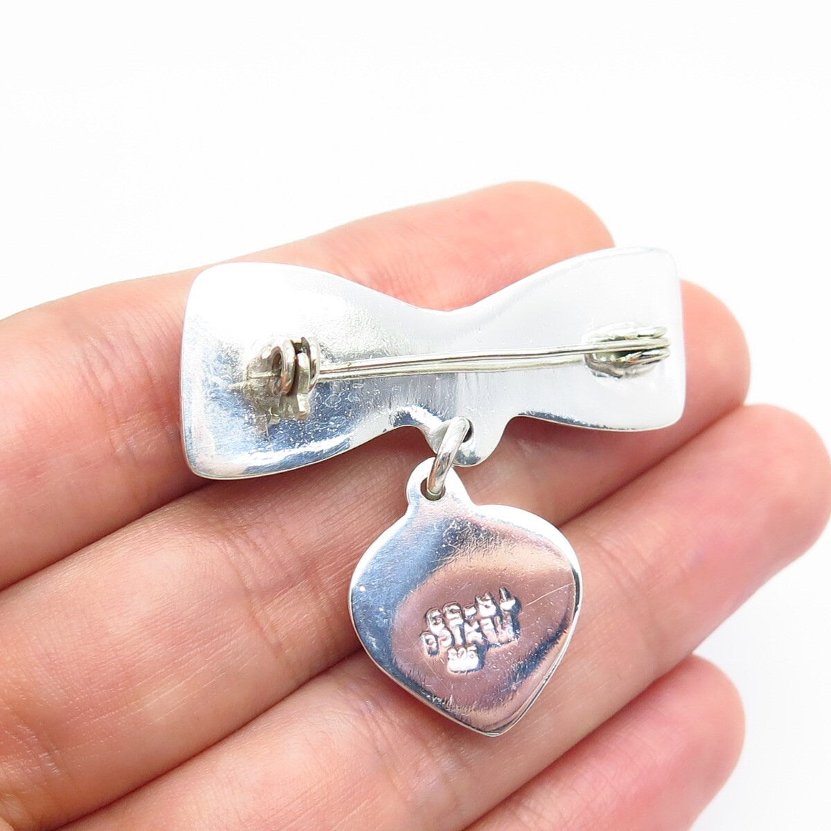 925 Sterling Silver Vintage Mexico Bow & Heart Pin Brooch