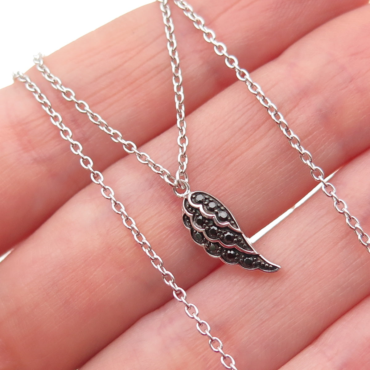 DAVID ENGLISH Sterling Silver Black C Z Angel Wing Cable Chain Necklace 16-18"