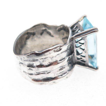 925 Sterling Silver Vintage Blue C Z Modernist Oxidized Ring Size 8.25