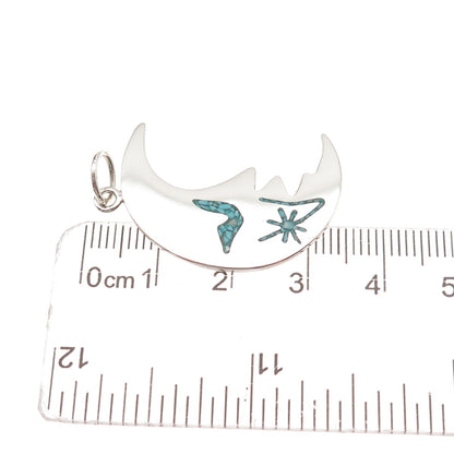 925 Sterling Silver Vintage Real Turquoise Inlay Crescent Charm Pendant