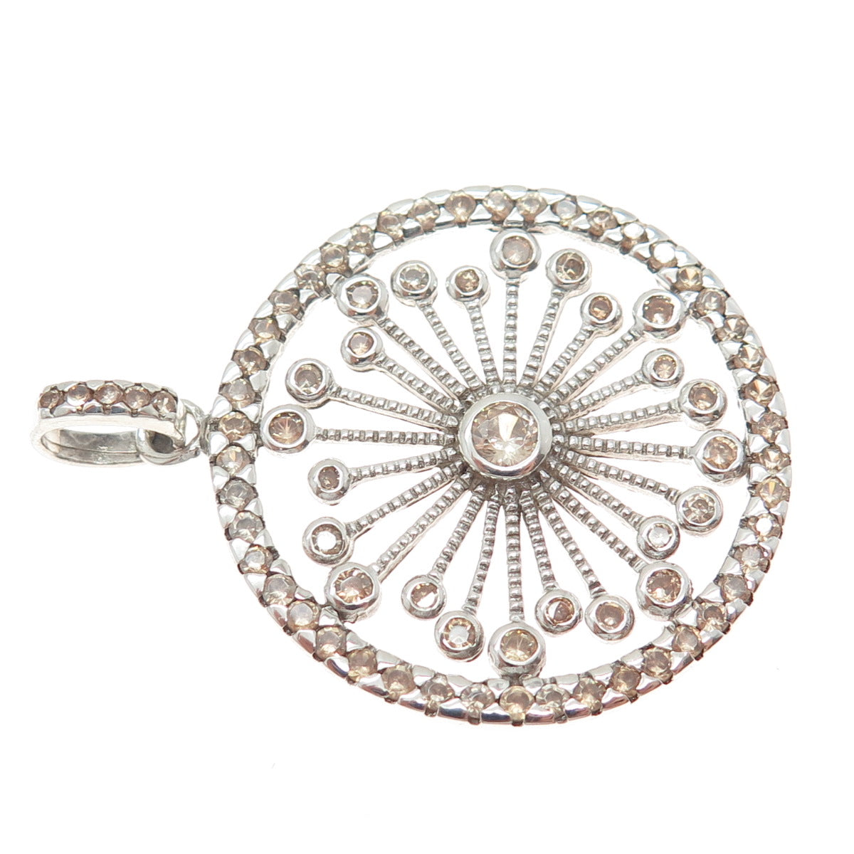 925 Sterling Silver Round-Cut Champagne C Z Flower Circle Pendant