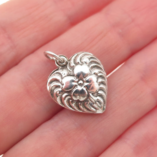 925 Sterling Silver Antique Art Deco Clover Chatelaine Heart Mini Charm Pendant
