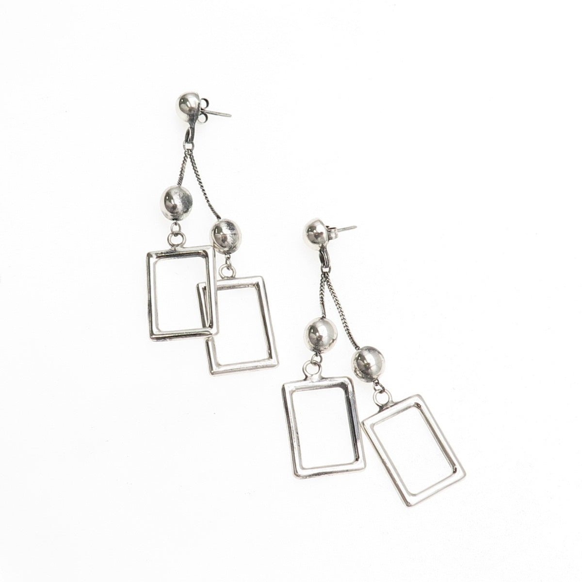 925 Sterling Silver Vintage Modernist Ball Beaded Frame Dangle Earrings