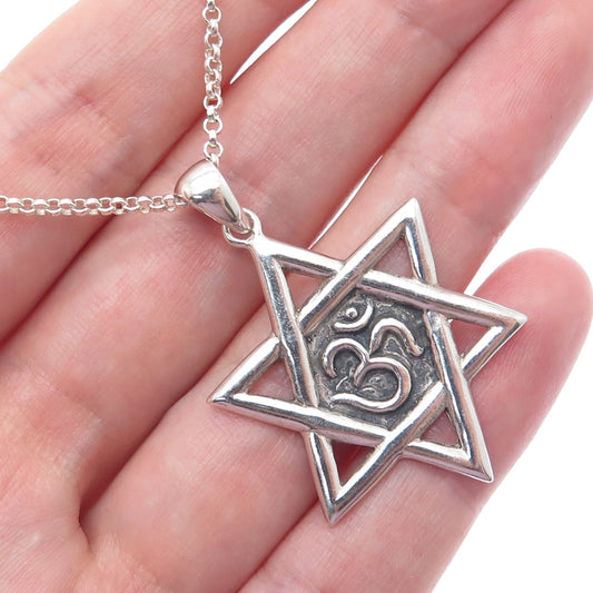 925 Sterling Silver Vintage Om Mantra Shatkona Rolo Chain Necklace 20"