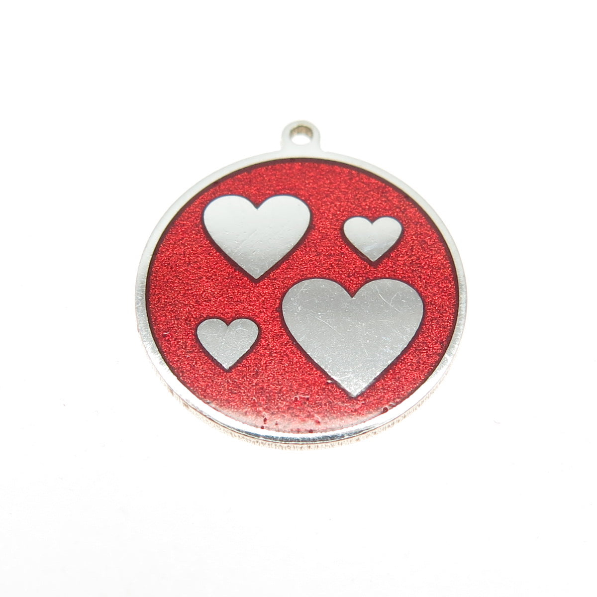 925 Sterling Silver Red Enamel Heart Round Tag Minimalist Charm Pendant