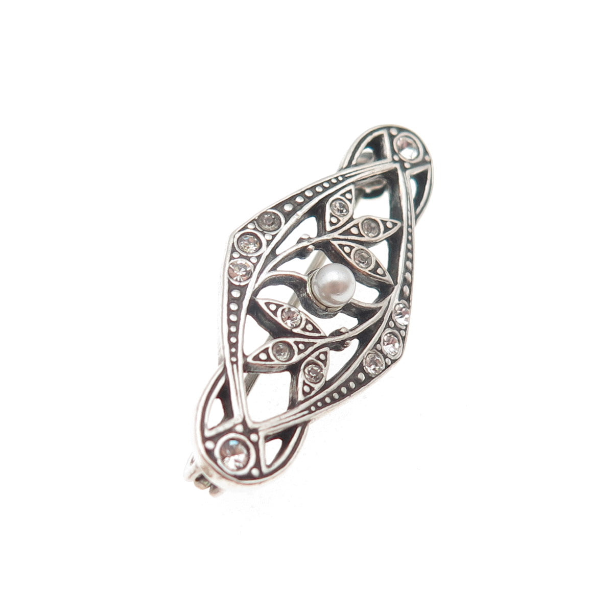 925 Sterling Silver Vintage Faux Pearl & Rhinestone Floral Oxidized Pin Brooch