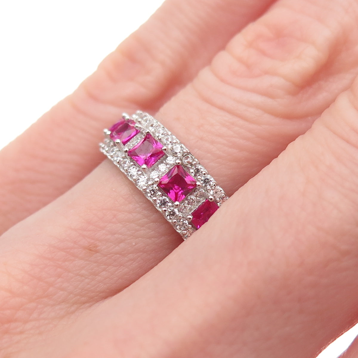 925 Sterling Silver Lab-Created Ruby & C Z Eternity Band Ring Size 5.5