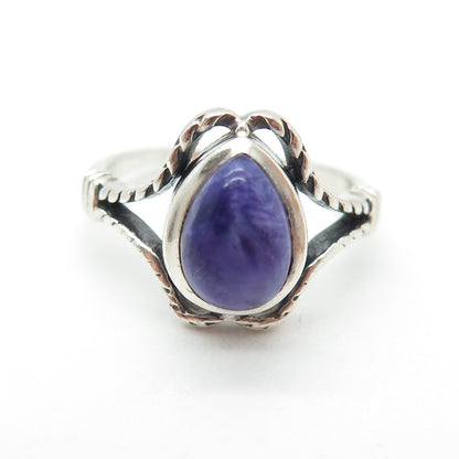 925 Sterling Silver Vintage Real Pear-Cut Charoite Oxidized Ring Size 7.75