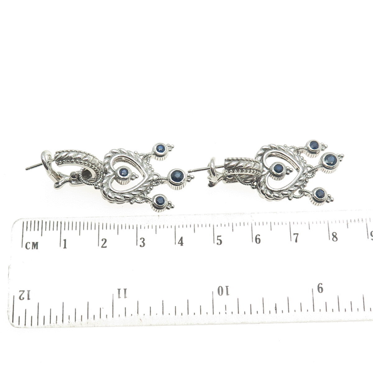JUDITH RIPKA 925 Sterling Silver Real Sapphire Heart Charm Omega Back Earrings