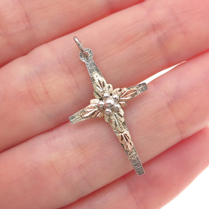 Landstorm 925 Sterling Silver 10K Gold Vintage Floral Cross Charm Pendant