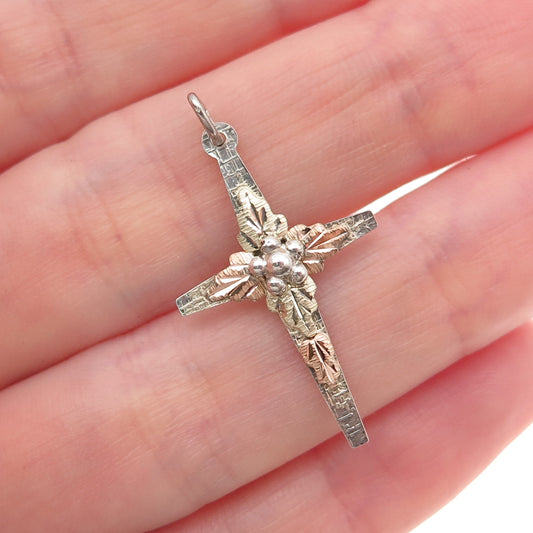 Landstorm 925 Sterling Silver 10K Gold Vintage Floral Cross Charm Pendant