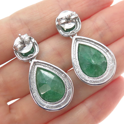 925 Sterling Silver Real Cushion & Pear-Cut Emerald Teardrop Dangle Earrings