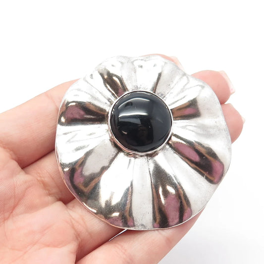 925 Sterling Silver Vintage Ingwa Inc. Real Black Onyx Gem Pin Brooch / Pendant