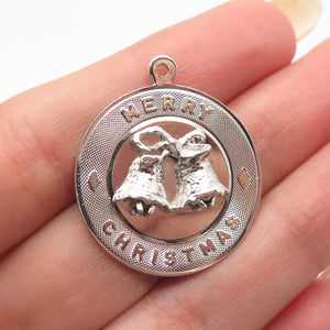 925 Sterling Silver Vintage Glass «Merry Christmas” Bells Round Pendant