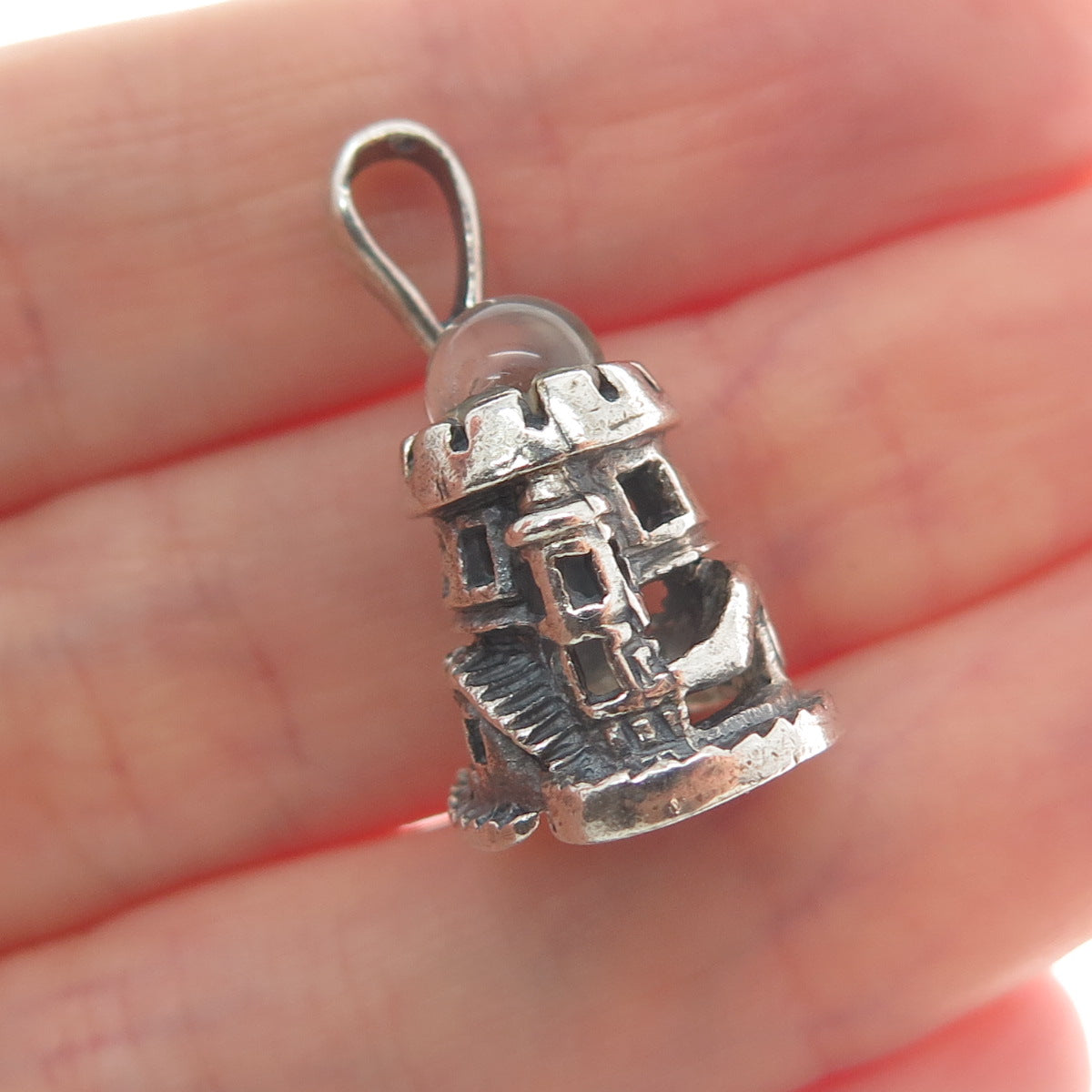 925 Sterling Silver Vintage Glass Tower of David Oxidized Mini 3D Charm Pendant
