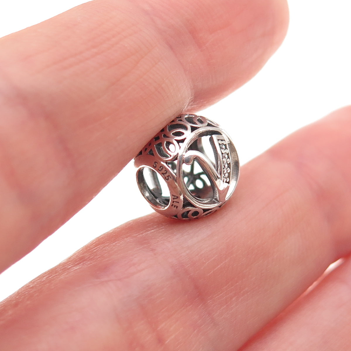 Pandora 925 Sterling Silver C Z Letter V Initial Slide Bead Charm