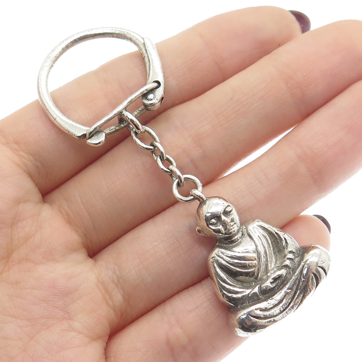 925 Sterling Silver Vintage Buddha Fob Key Chain Ring Holder