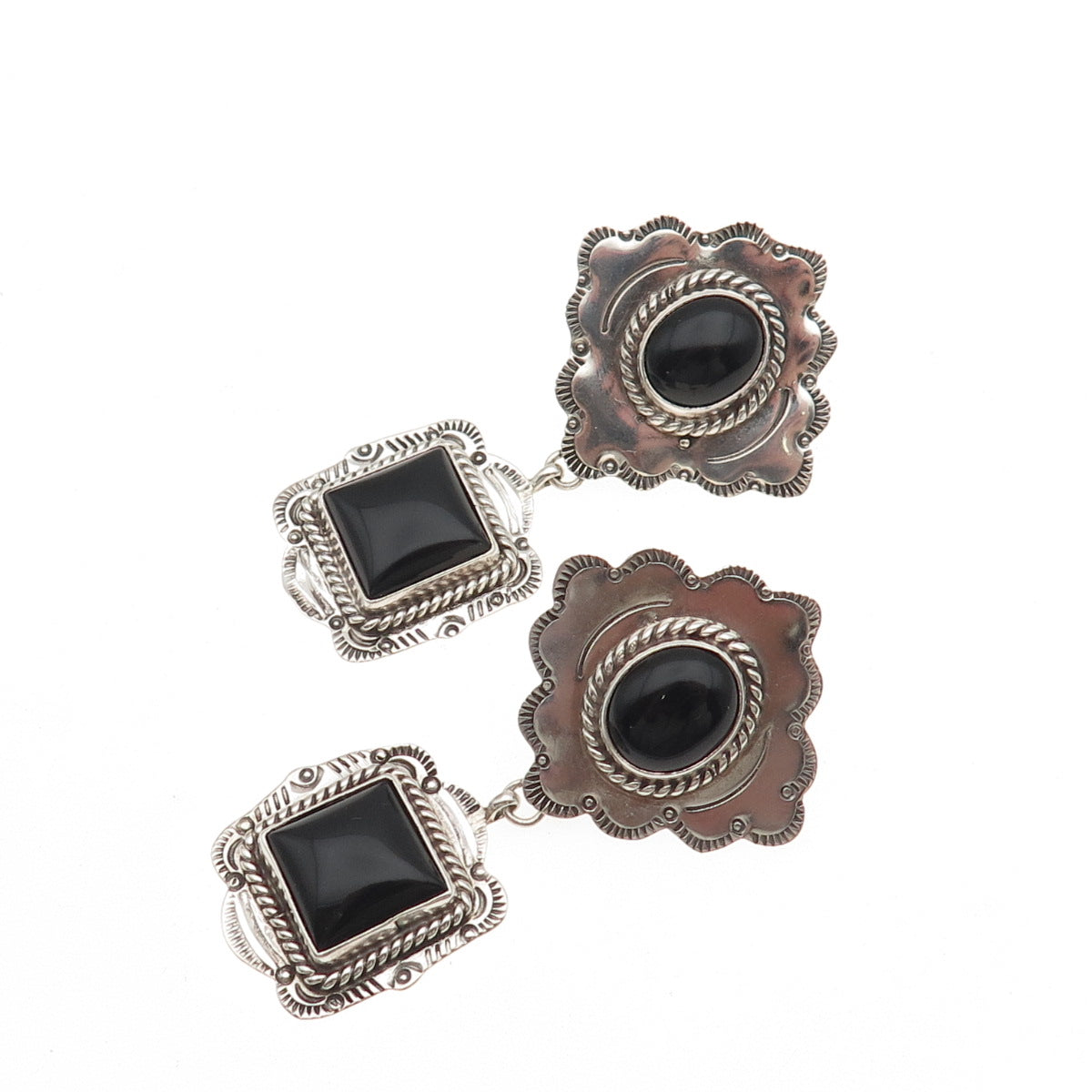 Old Pawn 925 Sterling Silver Vintage Southwestern Black Onyx Dangle Earrings