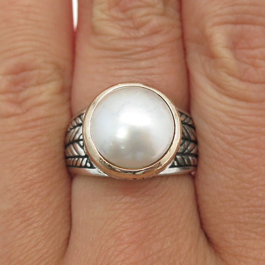 18K Yellow Gold & 925 Sterling Silver Vintage Real Pearl Ring Size 7