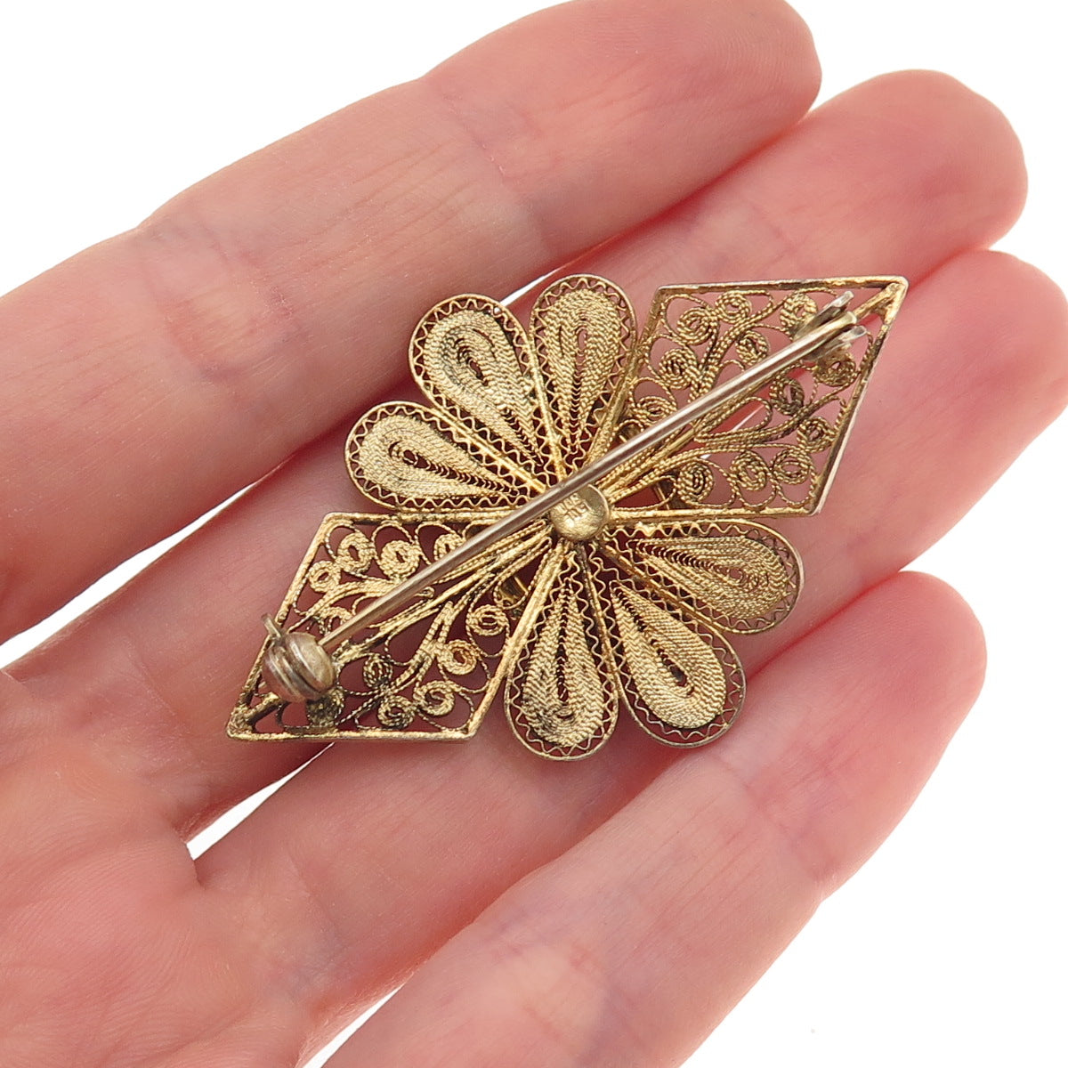 800 Silver Gold Plated Antique Art Deco Real MOP Lady Cameo Filigree Pin Brooch