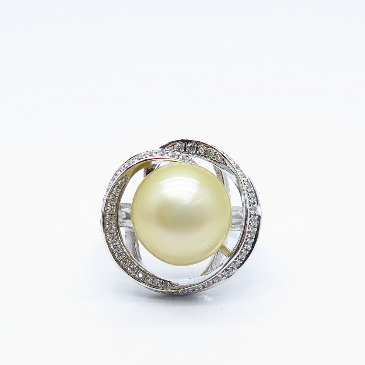 925 Sterling Silver Faux Pearl & Pave C Z Ring Size 6