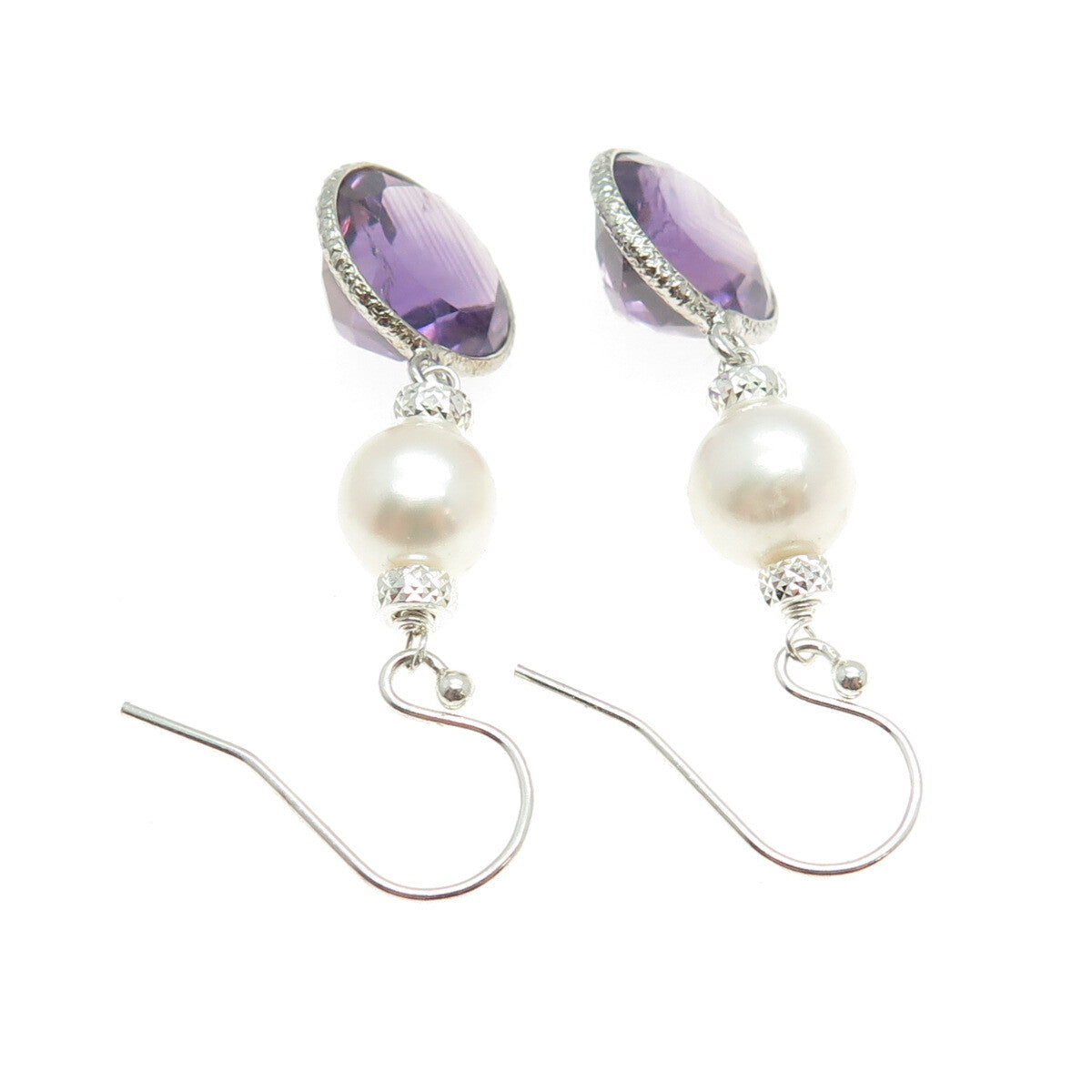 925 Sterling Silver Checkered Amethyst Gem & Faux Pearl Dangle Hook Earrings