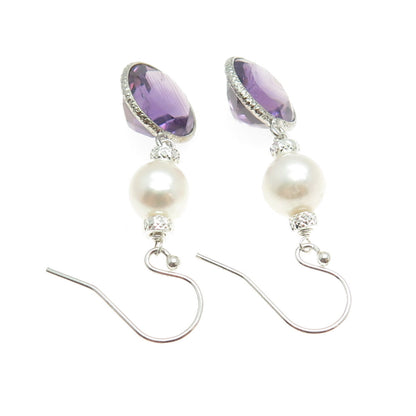 925 Sterling Silver Checkered Amethyst Gem & Faux Pearl Dangle Hook Earrings