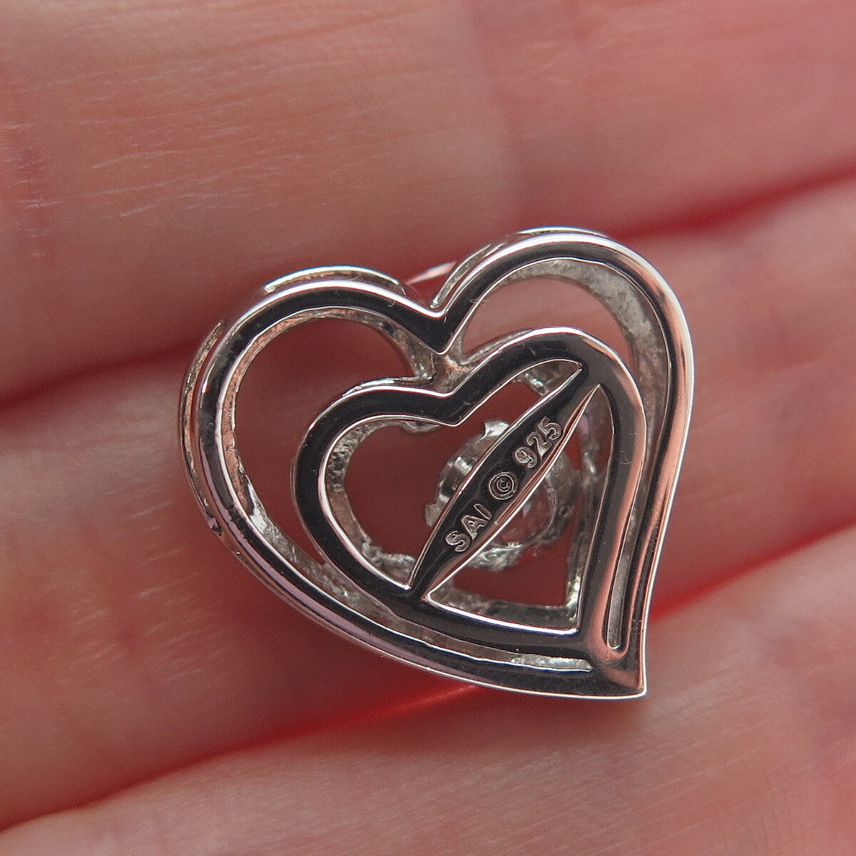 SAI 925 Sterling Silver 2-Tone Round-Cut Shaped C Z Double Heart Slide Pendant