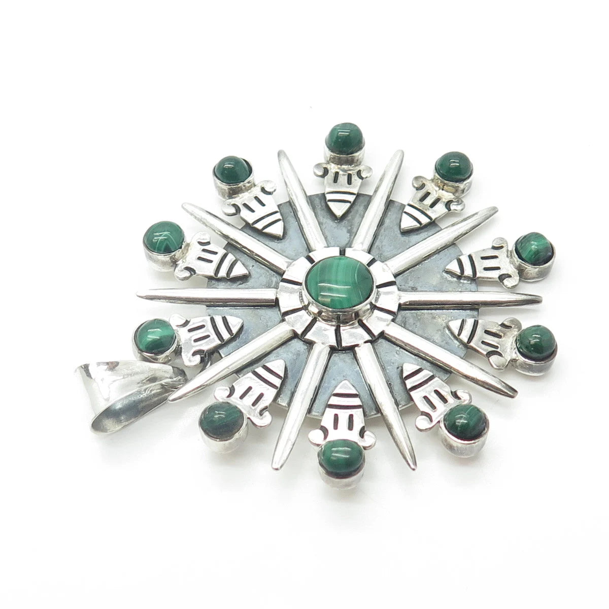 925 Sterling Silver Vintage Mexico Real Malachite Fortune Wheel Pendant