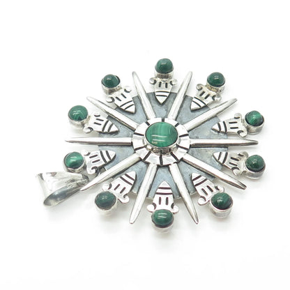 925 Sterling Silver Vintage Mexico Real Malachite Fortune Wheel Pendant