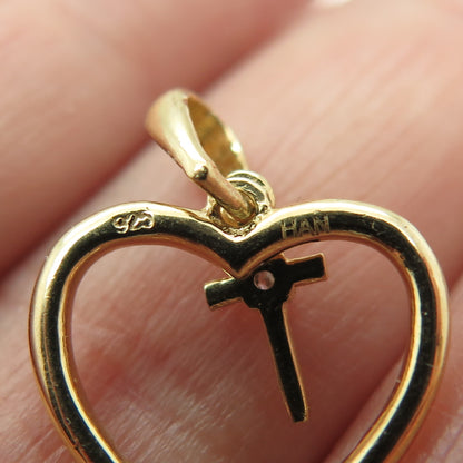 HAN 925 Sterling Silver Gold Plated Round-Cut C Z Heart Cross Minimalist Pendant