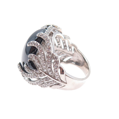 925 Sterling Silver Real Hematite & C Z Floral Ring Size 7.25