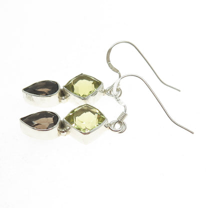 925 Sterling Silver Vintage Real Lemon Citrine & Smoky Quartz Dangle Earrings