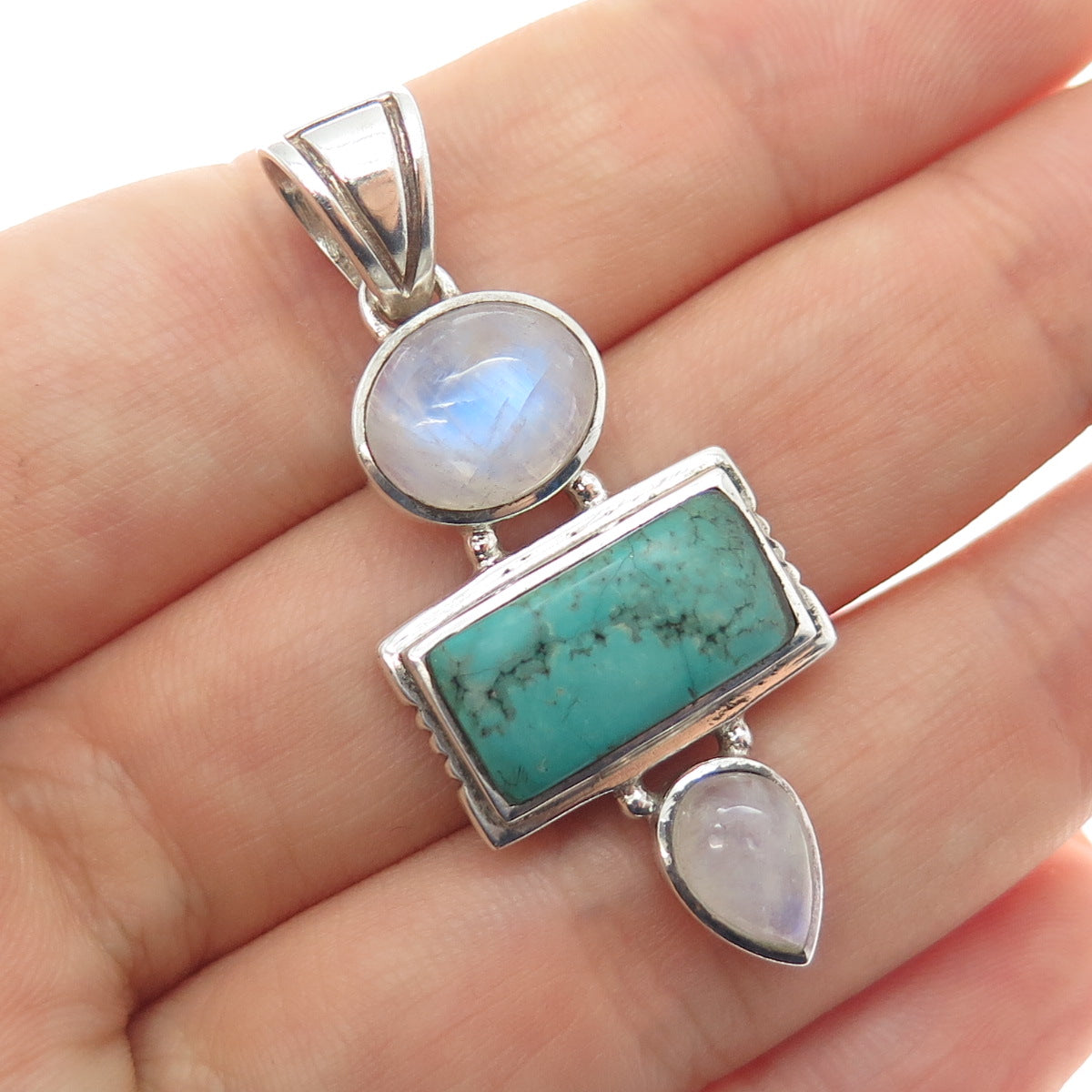 925 Sterling Silver Vintage Real Turquoise & Moonstone Modernist Charm Pendant