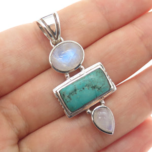 925 Sterling Silver Vintage Real Turquoise & Moonstone Modernist Charm Pendant