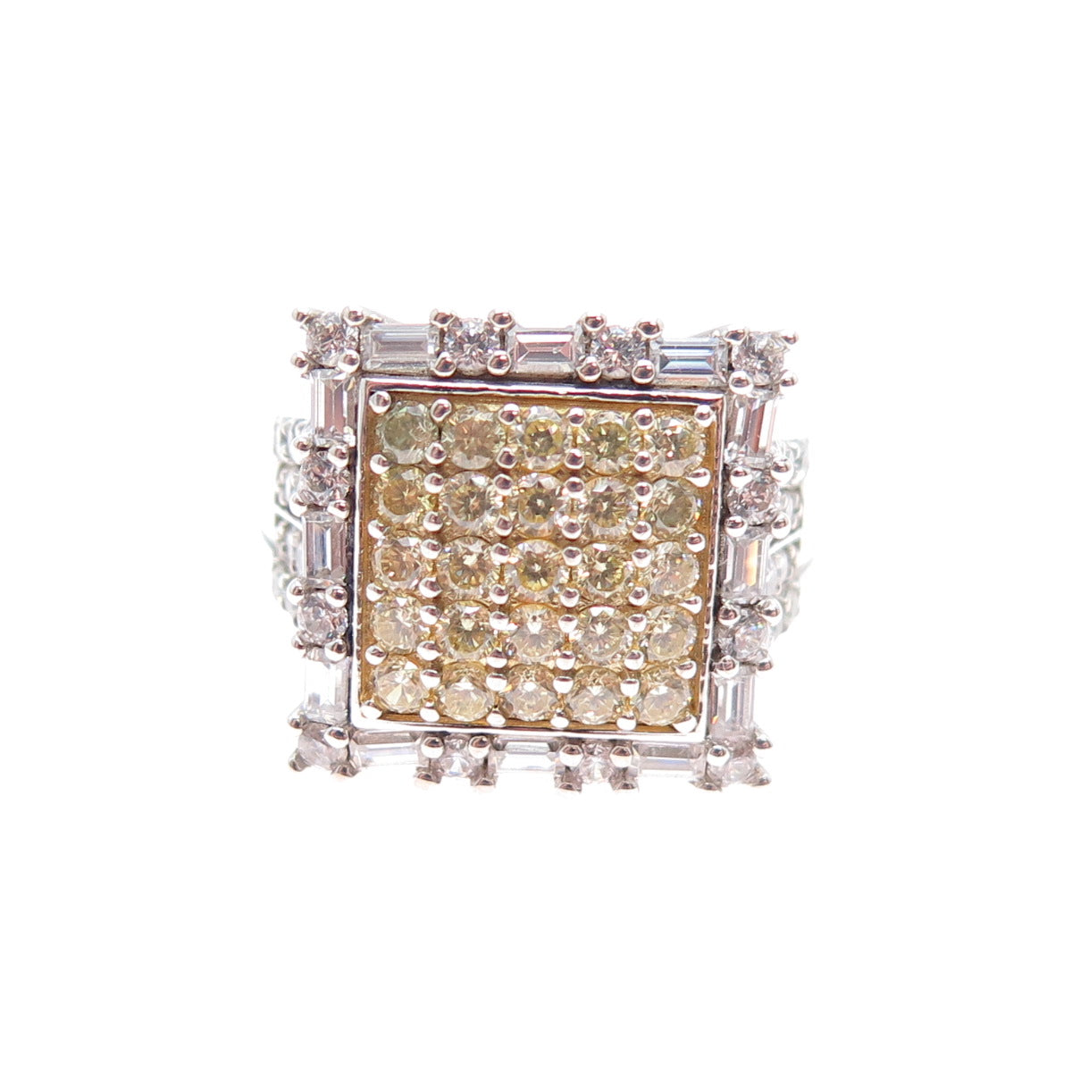 925 Sterling Silver 2-Tone Round & Emerald-Cut Canary & White C Z Ring Size 7