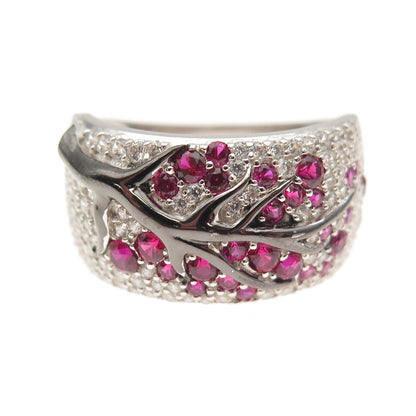 925 Sterling Silver Black Rhodium Lab-Created Ruby & C Z Floral Ring Size 6.75