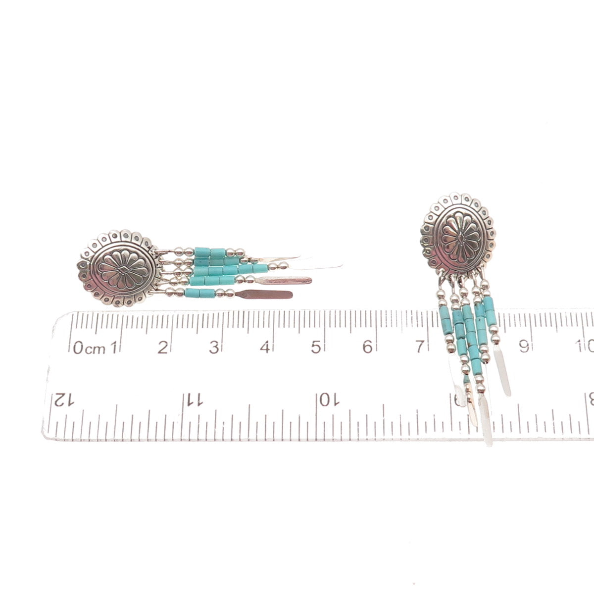 Quoc Turquoise Old Pawn Sterling Silver Vintage Concho Tribal Dangle Earrings