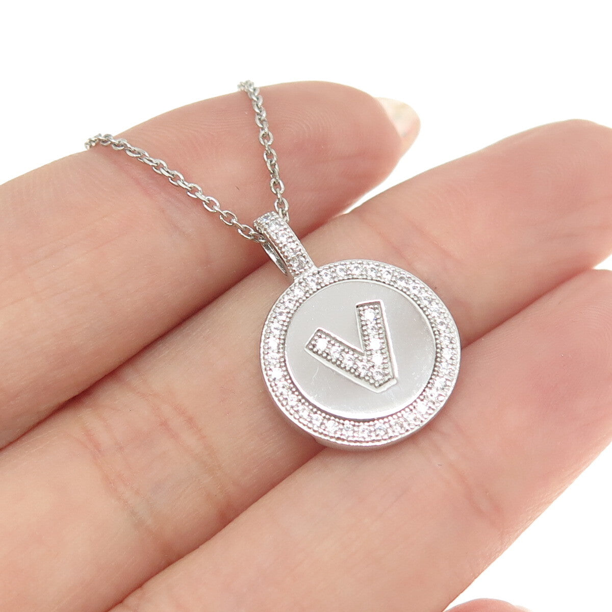 925 Sterling Silver C Z Letter "V" Initial Cable Chain Necklace 16"