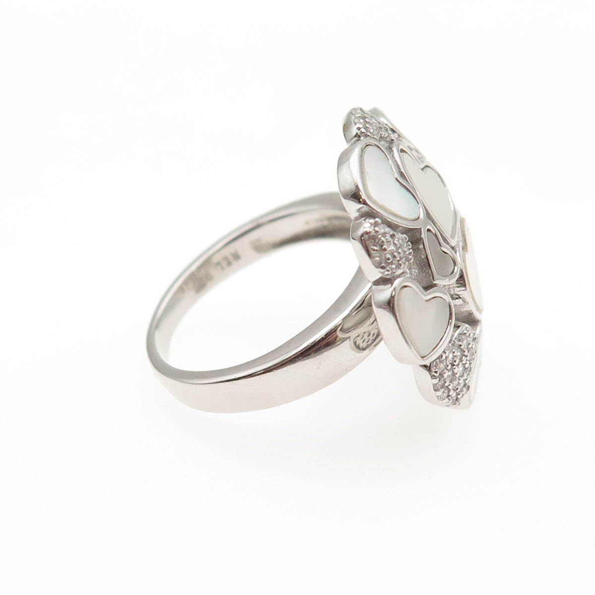 925 Sterling Silver Vintage Real MOP & C Z Heart Cluster Ring Size 6.25