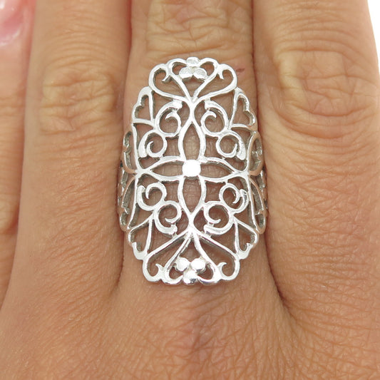 925 Sterling Silver Vintage Ornate Flower Ring Size 9.25